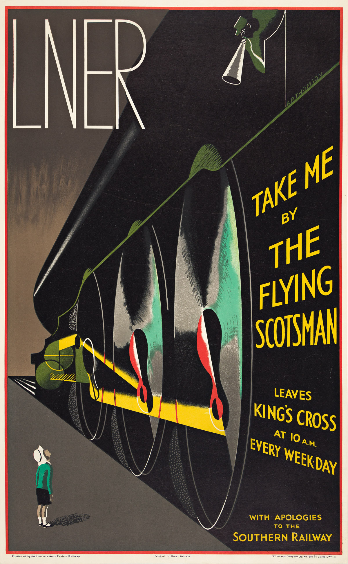 ALFRED REGINALD THOMSON (1895-1979).  LNER / TAKE ME BY THE FLYING SCOTSMAN. Circa 1936. 39½x24½ inches, 100¼x61 cm. S.C. Allen & Compa
